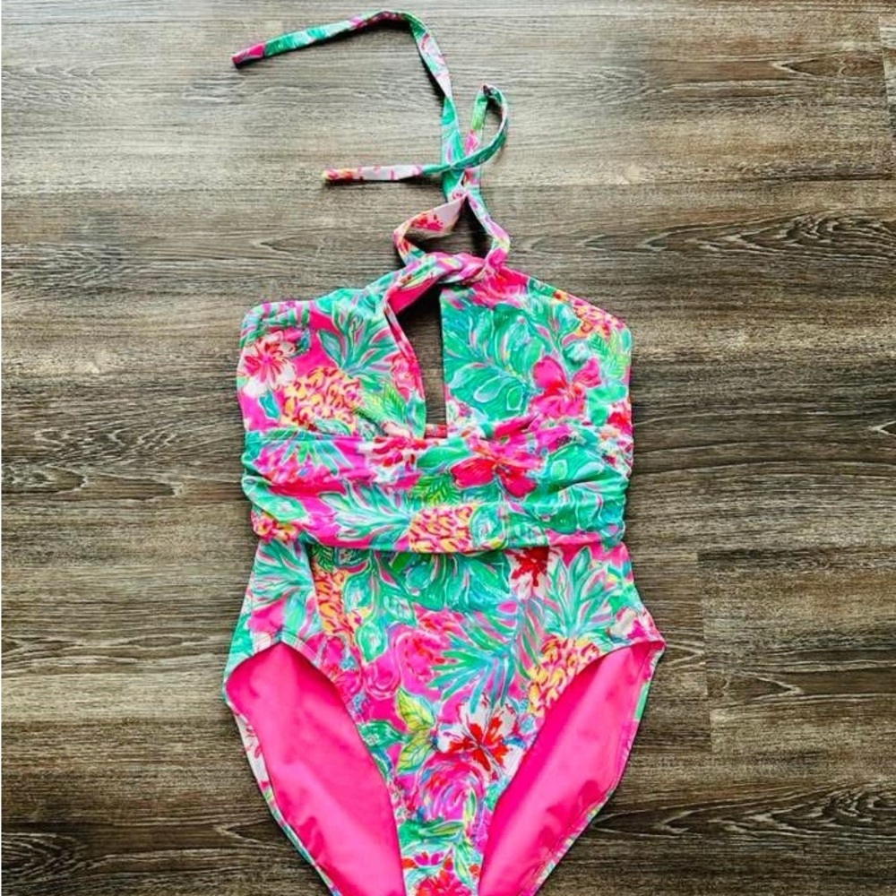 Lilly Pulitzer Pink and Green One Piece Swimsuit with Floral Design